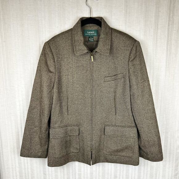 Ralph Lauren Herringbone Black Olive Green 100% Wool Zip Blazer Size 12 - Picture 1 of 8
